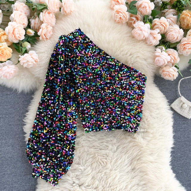 Fall 2022 New Product Oblique Collar T-shirt Strapless Unilateral Puff Sleeve Slim Fit Short Sequined Top HK102