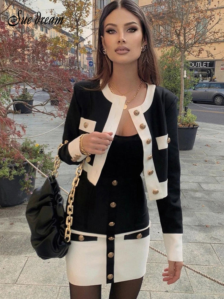 2021 New High Street Summer Patchwork 2 Two-Piece Set O-Neck Long Sleeve Pocket Button Mini Bandage Dress Female Short Set