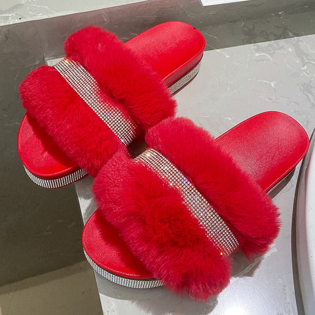 Luxury Designer Women Fur Rhinestone Slippers Platform Wedges Heel Solid Fluffy Furry Slides Outside Sexy Shoes Ladies Whosale