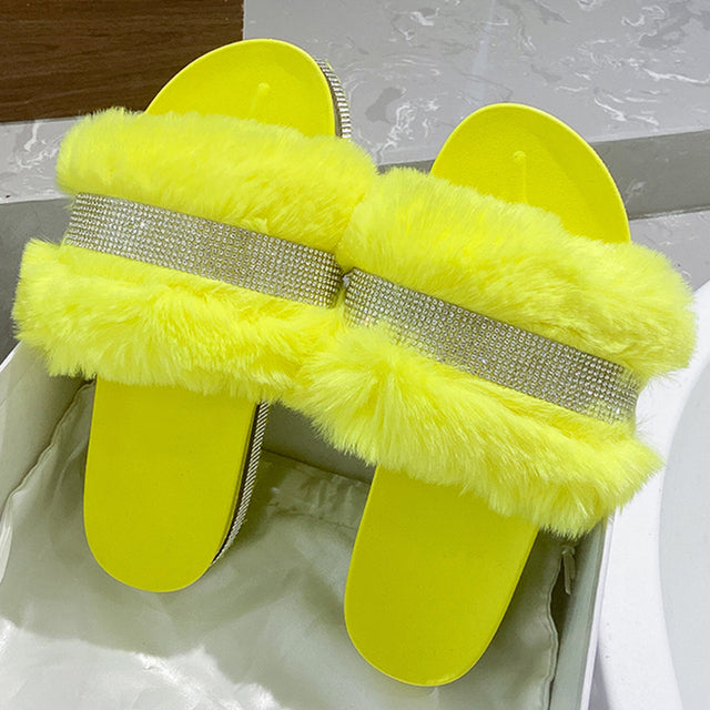 Luxury Designer Women Fur Rhinestone Slippers Platform Wedges Heel Solid Fluffy Furry Slides Outside Sexy Shoes Ladies Whosale