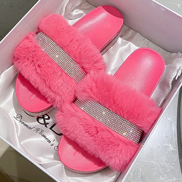 Luxury Designer Women Fur Rhinestone Slippers Platform Wedges Heel Solid Fluffy Furry Slides Outside Sexy Shoes Ladies Whosale