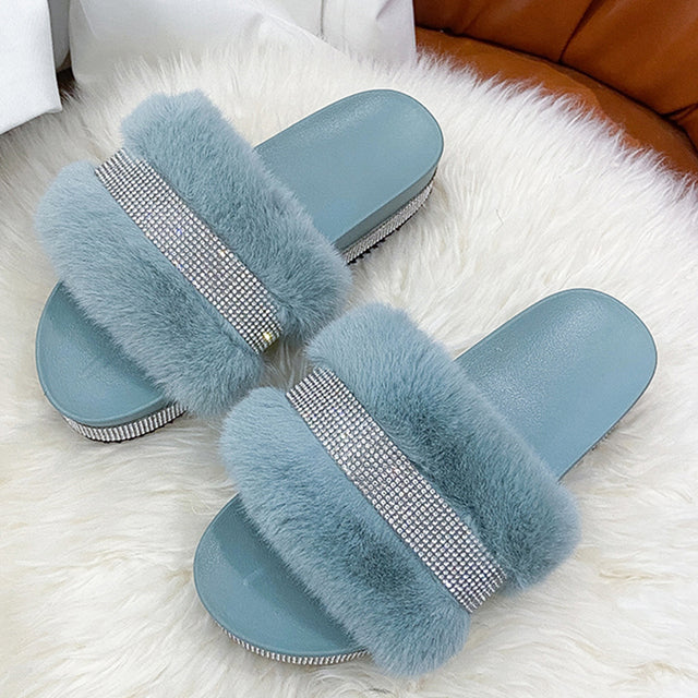 Luxury Designer Women Fur Rhinestone Slippers Platform Wedges Heel Solid Fluffy Furry Slides Outside Sexy Shoes Ladies Whosale