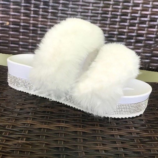 Luxury Designer Women Fur Rhinestone Slippers Platform Wedges Heel Solid Fluffy Furry Slides Outside Sexy Shoes Ladies Whosale