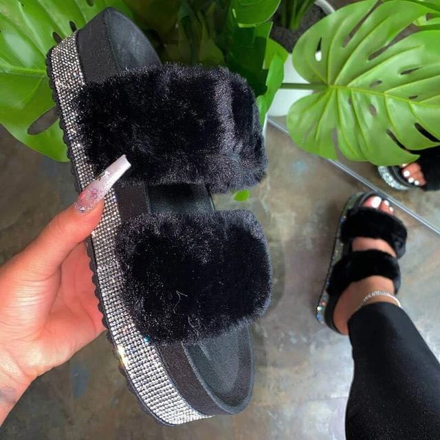 Luxury Designer Women Fur Rhinestone Slippers Platform Wedges Heel Solid Fluffy Furry Slides Outside Sexy Shoes Ladies Whosale