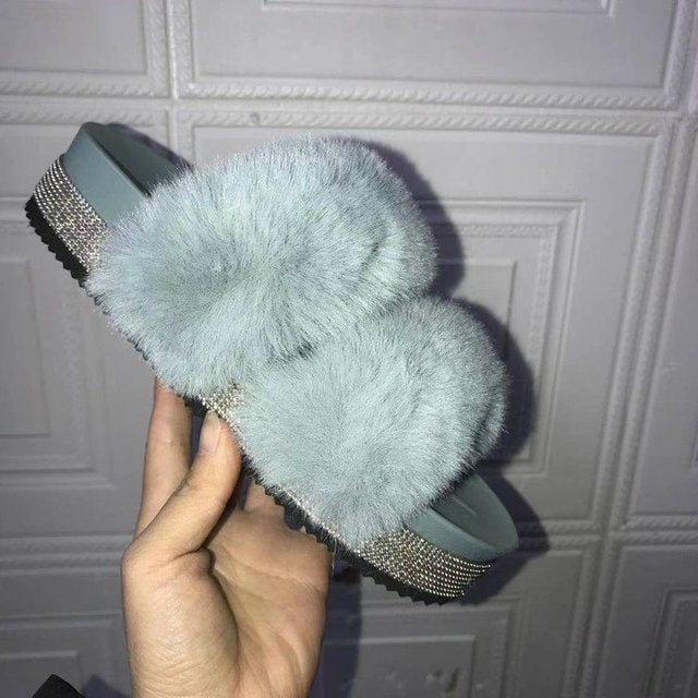 Luxury Designer Women Fur Rhinestone Slippers Platform Wedges Heel Solid Fluffy Furry Slides Outside Sexy Shoes Ladies Whosale