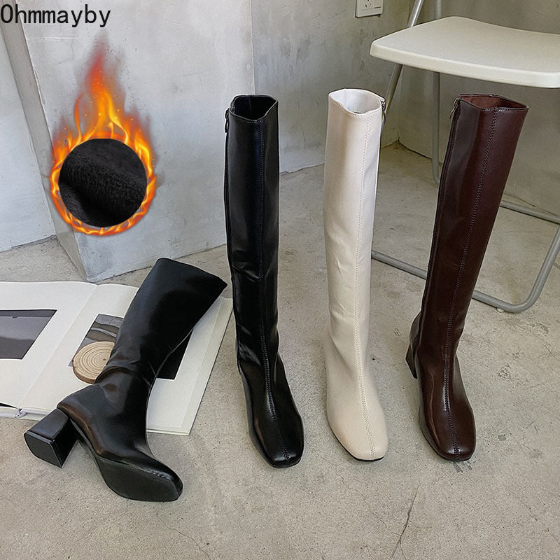 Women Warm Long Boots Woman Knee High Booties Ladies Shoes Platform Thick Heel PU Leather Soft Zipper Woman Fashion Winter 2022