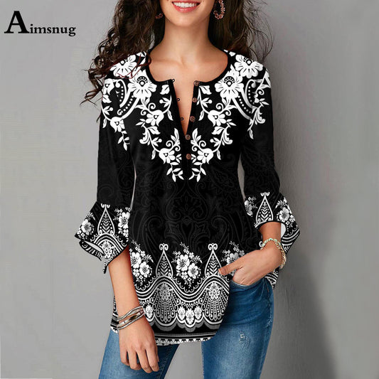 Oversized Ladies Elegant Model Flower Print Shirt Flare Sleeve Women&#39;s Top Bohemian 2021 Summer Loose Tees Clothing Femme 5XL