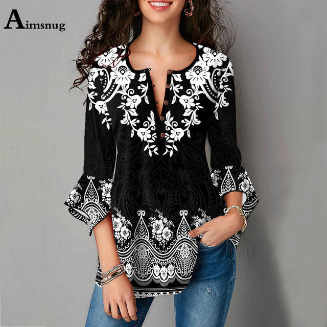 Oversized Ladies Elegant Model Flower Print Shirt Flare Sleeve Women&#39;s Top Bohemian 2021 Summer Loose Tees Clothing Femme 5XL