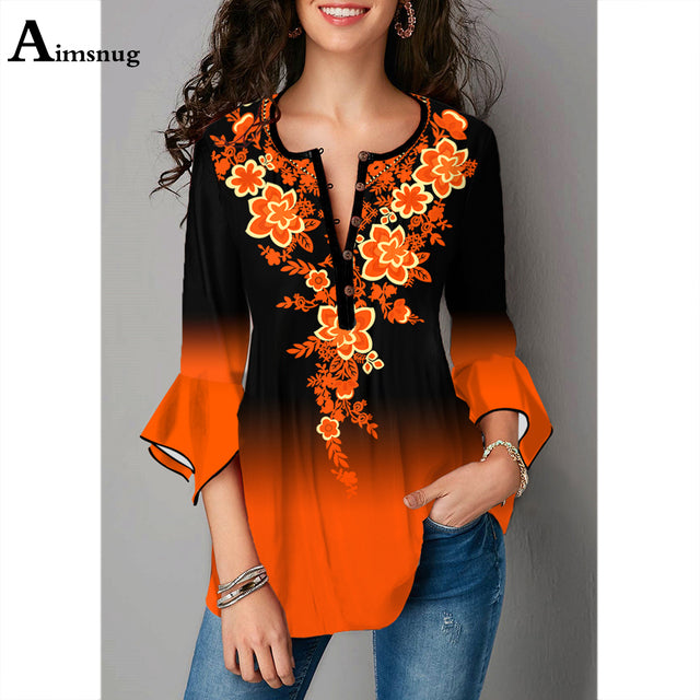 Oversized Ladies Elegant Model Flower Print Shirt Flare Sleeve Women&#39;s Top Bohemian 2021 Summer Loose Tees Clothing Femme 5XL