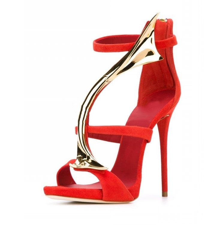 Woman Snake Design Sandals Metallic Gold High Heel Sandals Red Black Suede Open Toe Cut-out Gladiator Sandals Dress Shoes