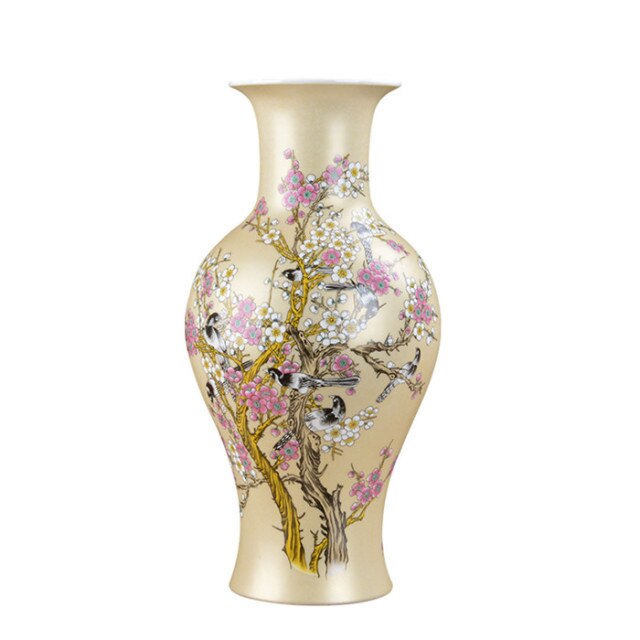 Jingdezhen ceramic fishtail vase gold glaze plum tree pastel vase modern home furnishing room decorative crafts and ornaments